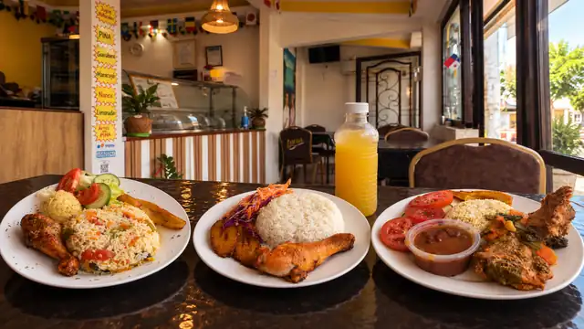 Platos de comida criolla panameña con pollo, arroz, ensalada, frijoles y jugo natural en Lucas Comida Criolla, San Carlos